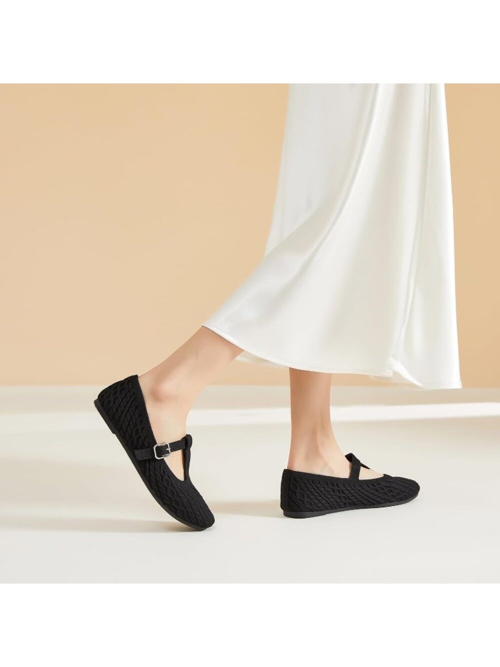 Women's Black Knitted Flats Square Toe Comfortable Slip On Casual Walking Shoes - Picture 3 of 6